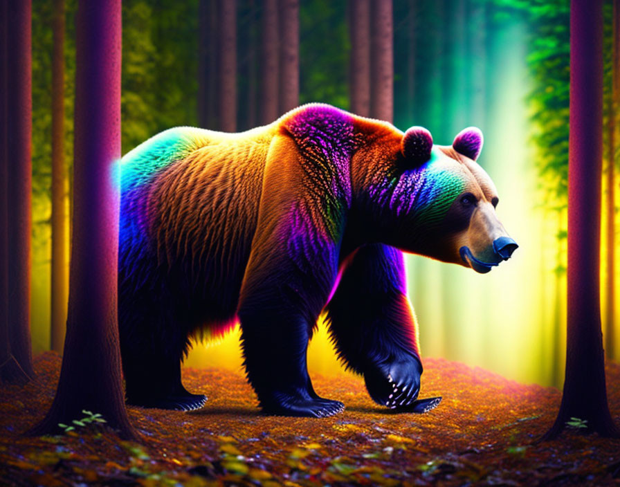 Colorful Neon-Like Bear in Mystical Forest Landscape