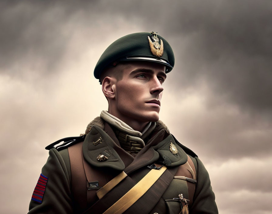 Military soldier in green beret with golden insignia, gazing under cloudy sky