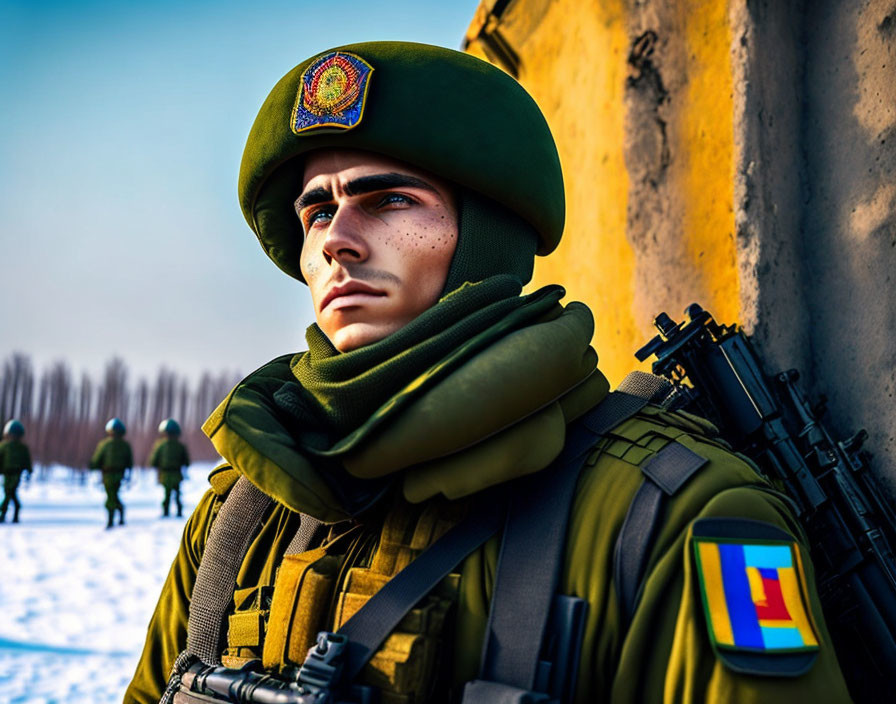 Soldier in green beret and tactical gear with focused expression, colleagues in snowy background