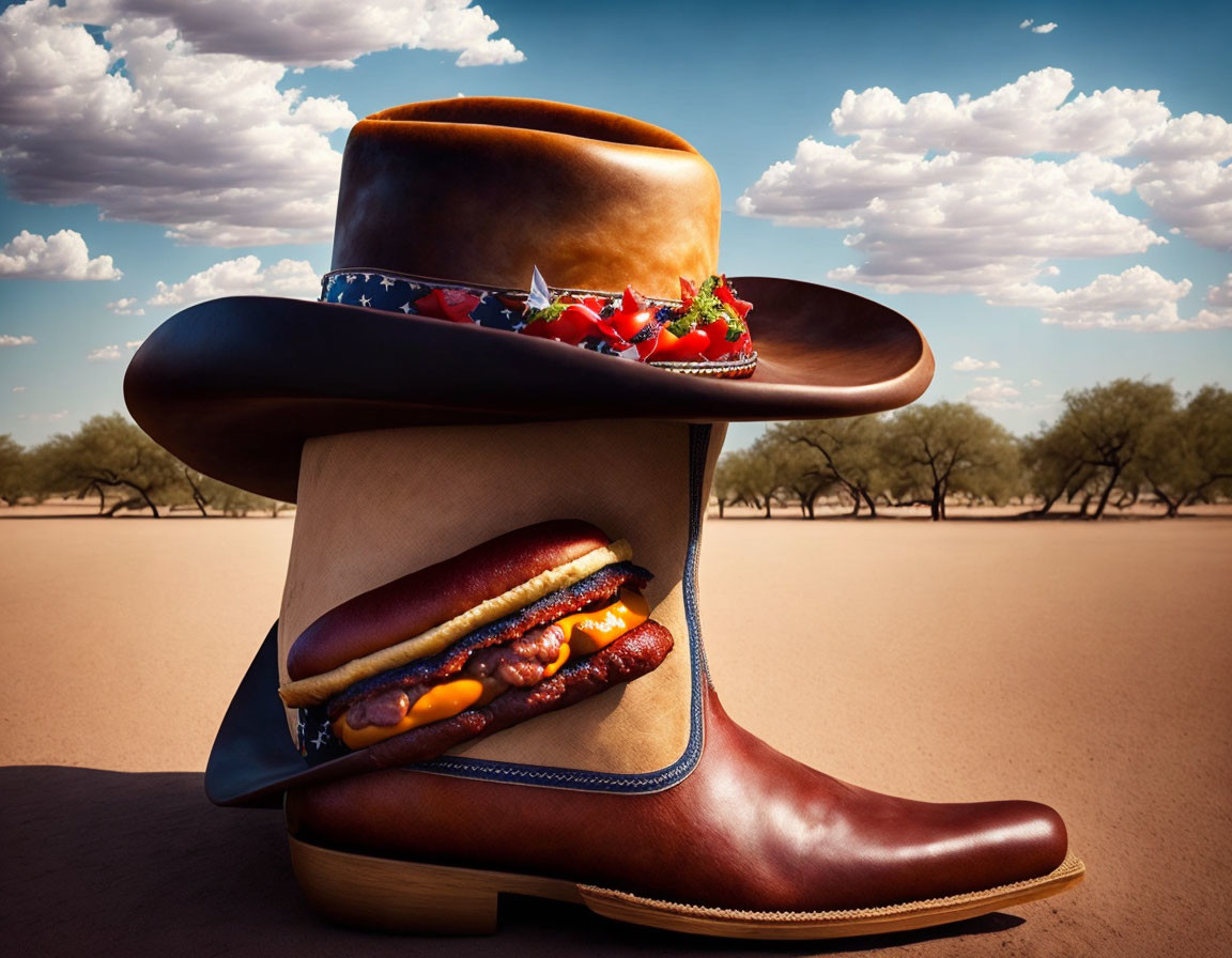 Leather cowboy boot in desert with hot dog and cowboy hat.