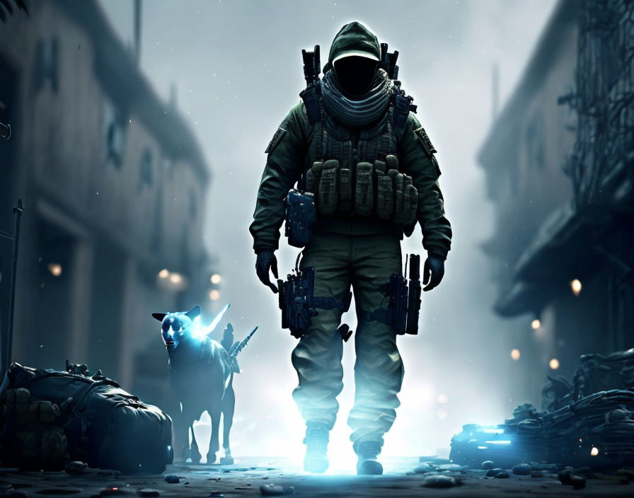 Military soldier and glowing-eyed dog in foggy urban setting with abandoned equipment.