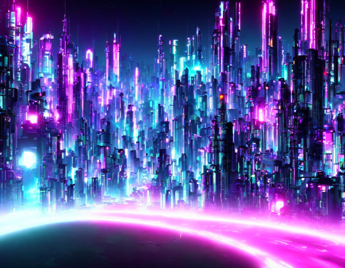 Neon-lit skyscrapers in futuristic cityscape against starry sky