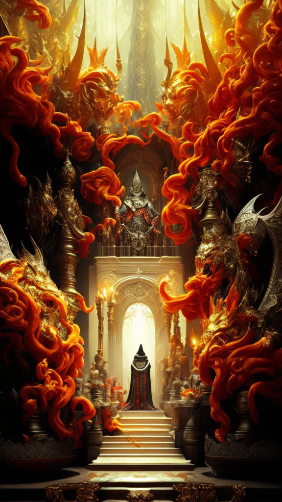 Opulent throne room with golden light, armor, smoke, and cloaked figure