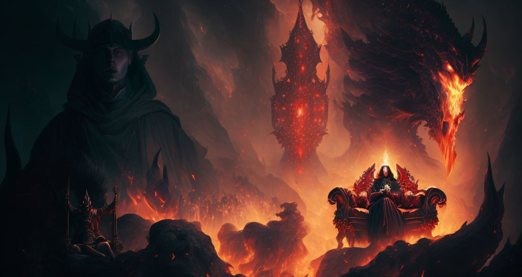 Sinister figure with horns in fiery hellish landscape