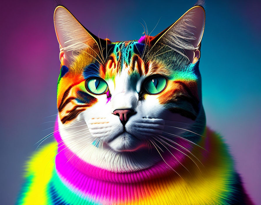 Colorful Cat Artwork with Multicolored Fur and Blue Eyes