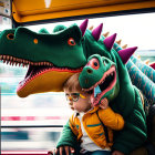 Two children on a bus with one wearing a colorful dinosaur headpiece