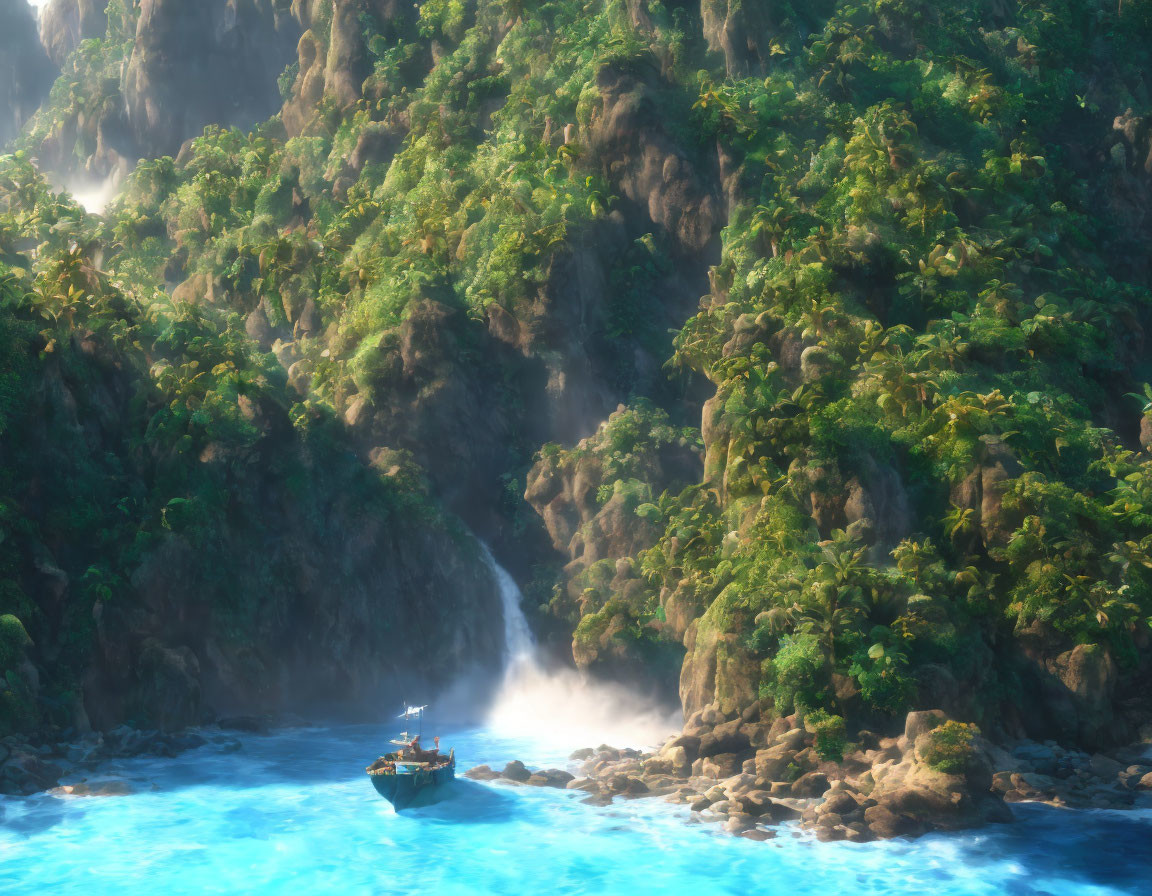 Tranquil blue river with lush green mountains and waterfalls