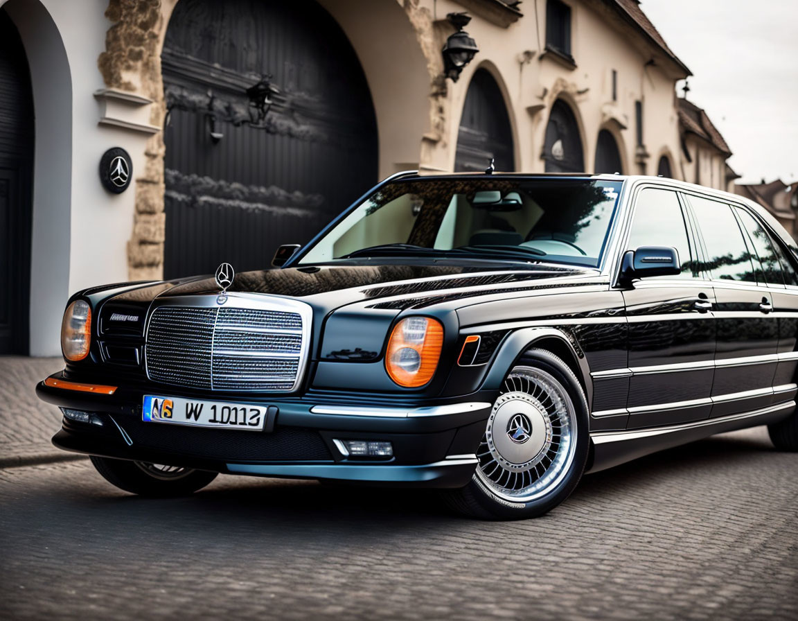 Vintage Black Mercedes-Benz on Cobblestone Street with Classic Round Headlights and Distinctive Grill,