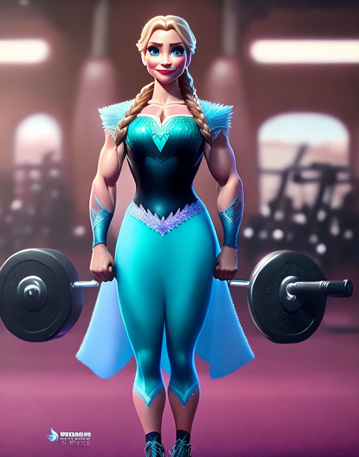 Disney princess lifting barbell in gym wearing blue outfit