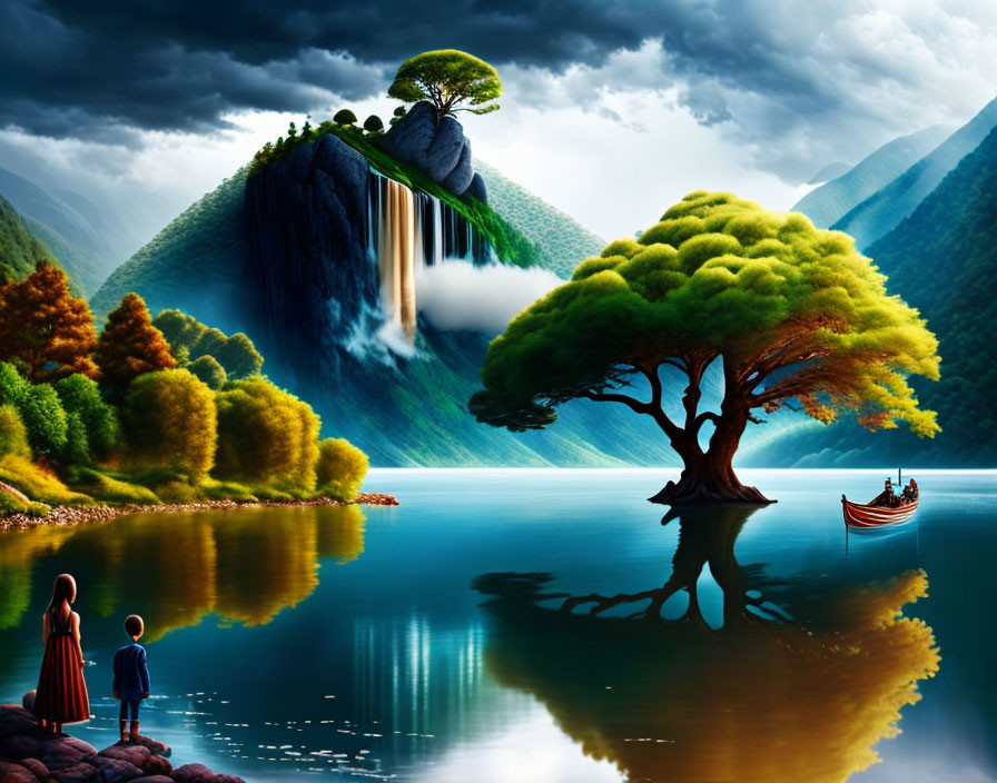 Surreal landscape with floating island, waterfall, tree, boat, and people by the shore