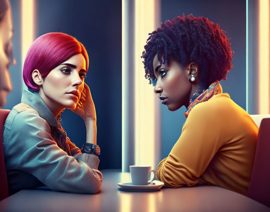 Two women with purple and curly hair sitting at a table in dim lighting