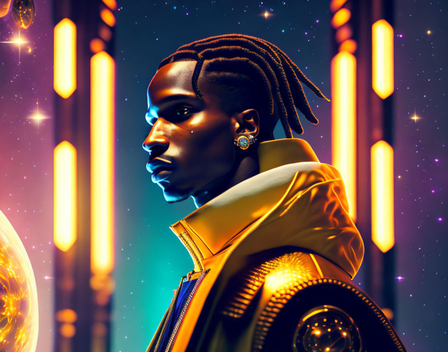 Stylized man with braided hair in futuristic yellow jacket portrait