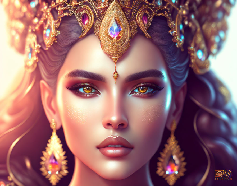 Detailed digital artwork of a woman with ornate gold jewelry, crown, and golden eyes.