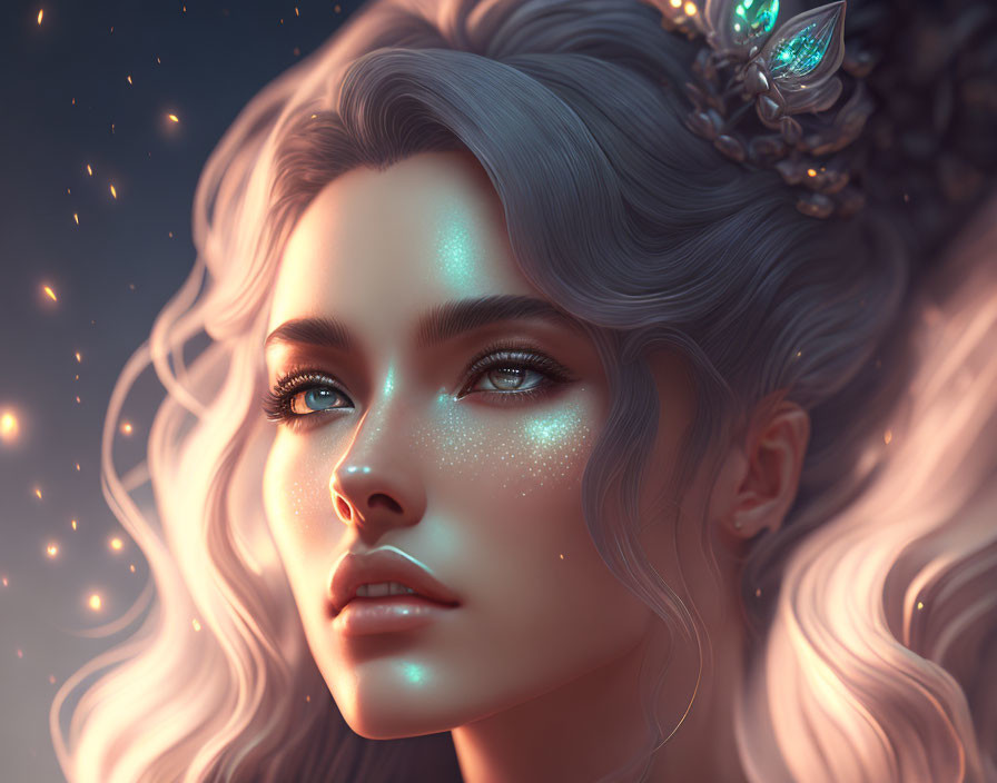 Ethereal woman with glowing features under starlit sky