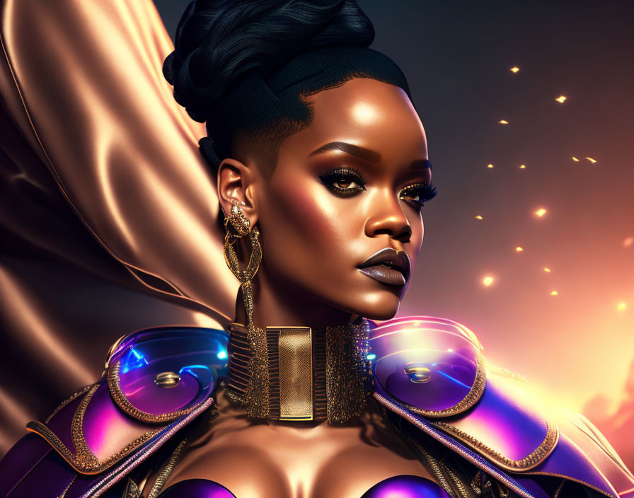 Digital artwork: Woman in futuristic golden armor with glowing elements