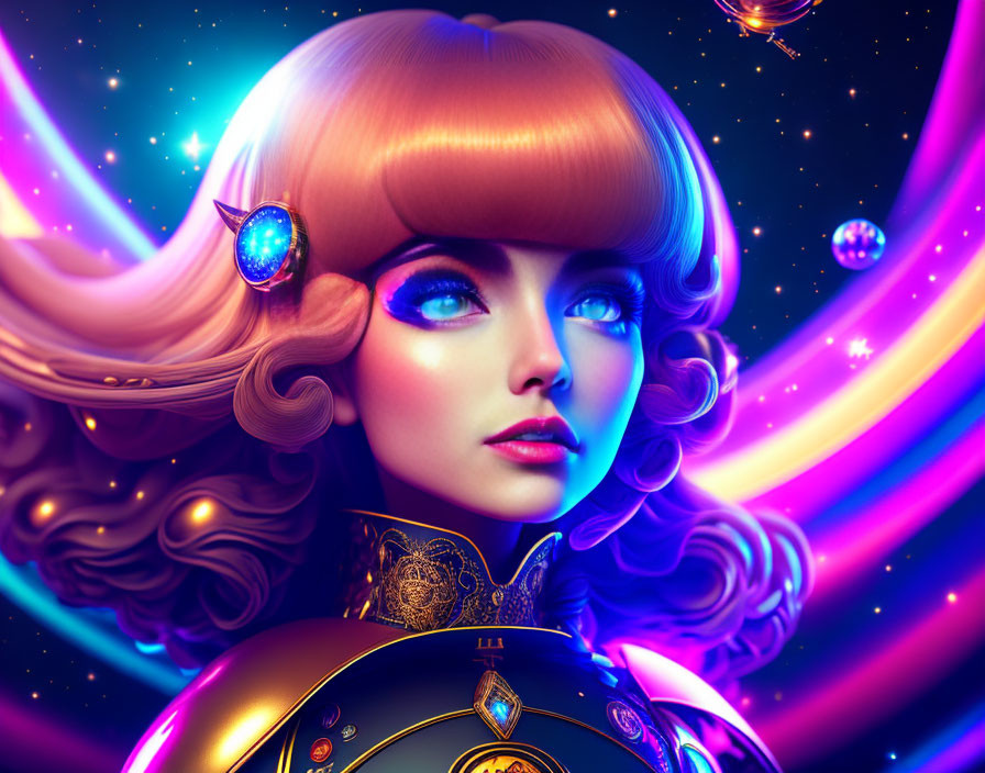 Digital portrait of woman in futuristic armor with stylized hair against cosmic backdrop