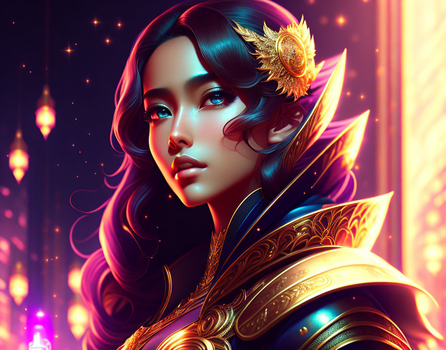 Detailed digital illustration: Woman in golden armor with ornate headpiece against warm glowing lights