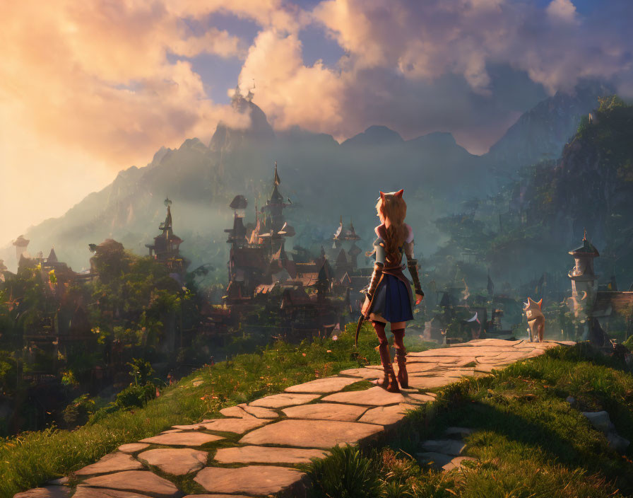 Character with Animal Ears and Tail on Stone Path Overlooking Ancient Mystic City at Sunrise/Sunset