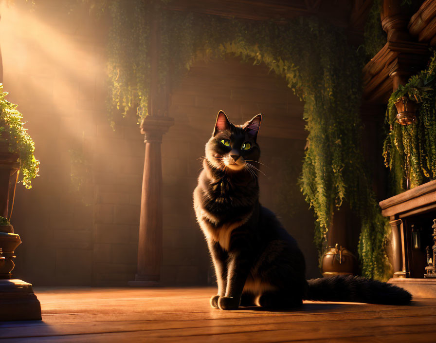 Cat sitting on wooden floor in sunlit room with green plants and shadows