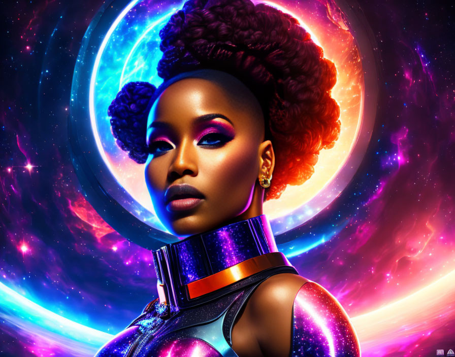 Stylish woman with futuristic makeup in cosmic setting