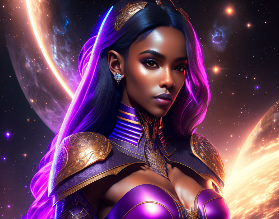 Digital Artwork: Woman in Futuristic Armor with Violet Hair in Cosmic Setting