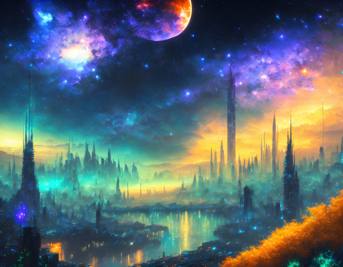 Futuristic cityscape with towering spires and autumnal trees under starry sky