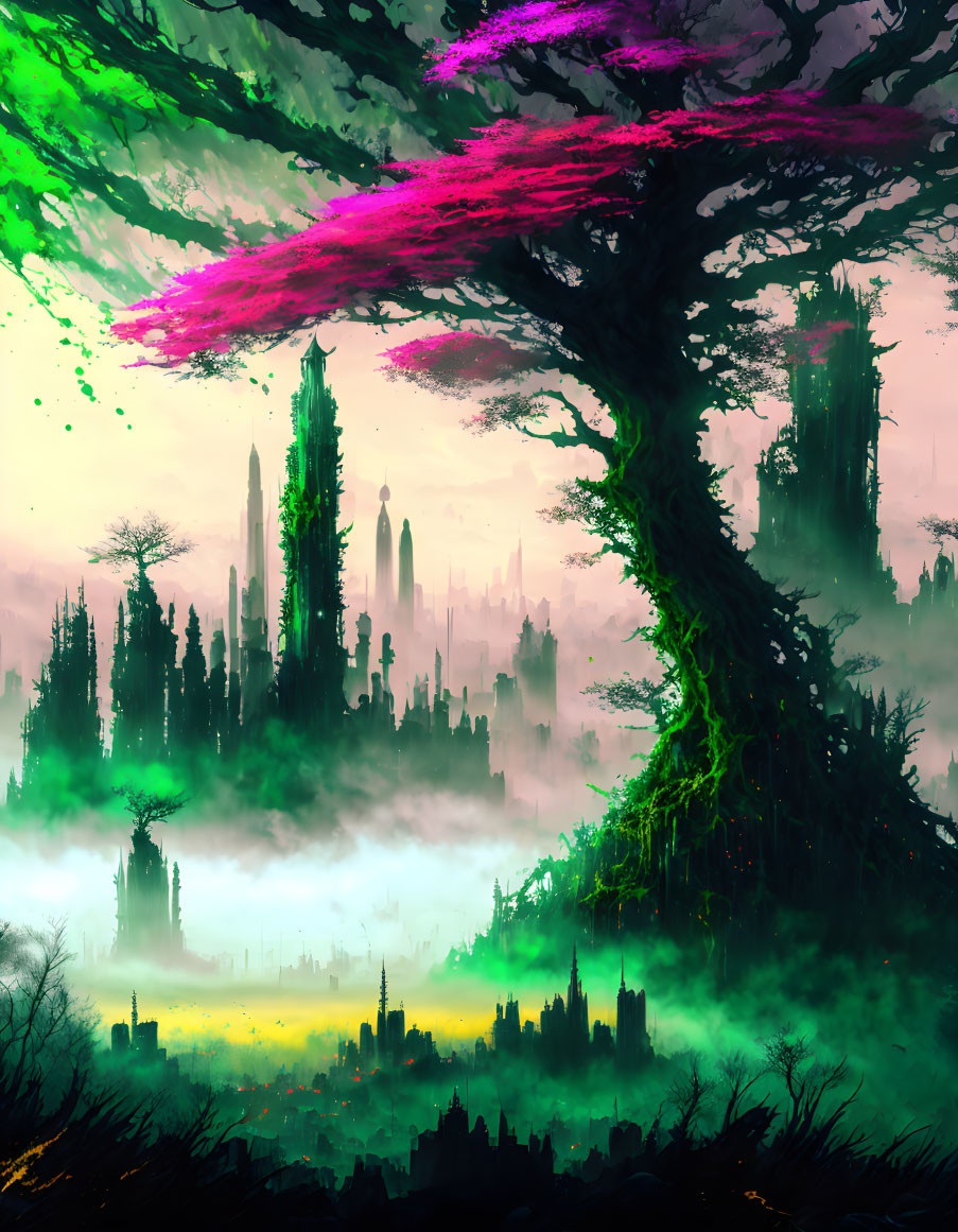 Fantastical landscape with large pink-streaked tree and misty valley.