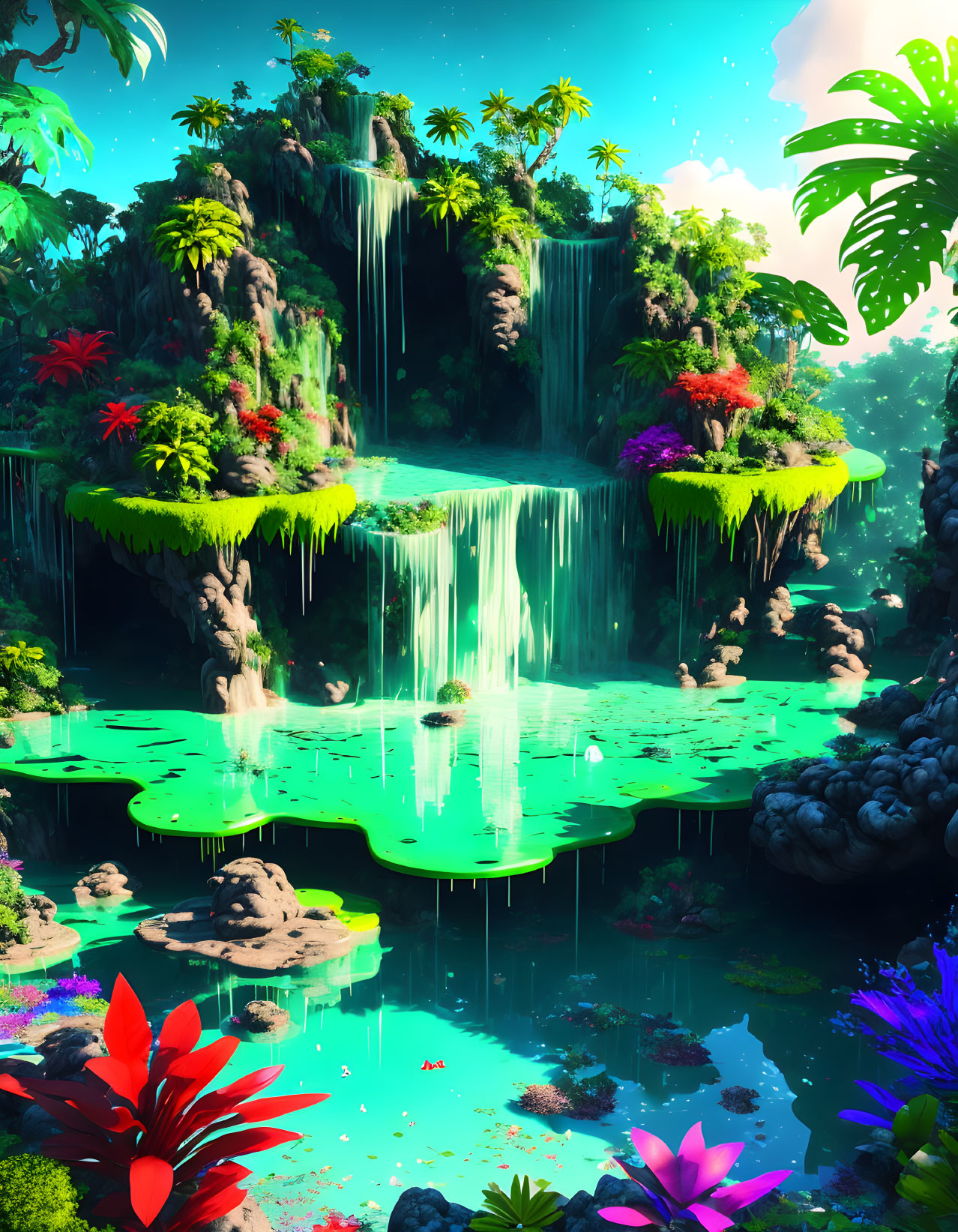 Digital art: Tropical paradise with waterfalls, cliffs, blue pond, colorful flora