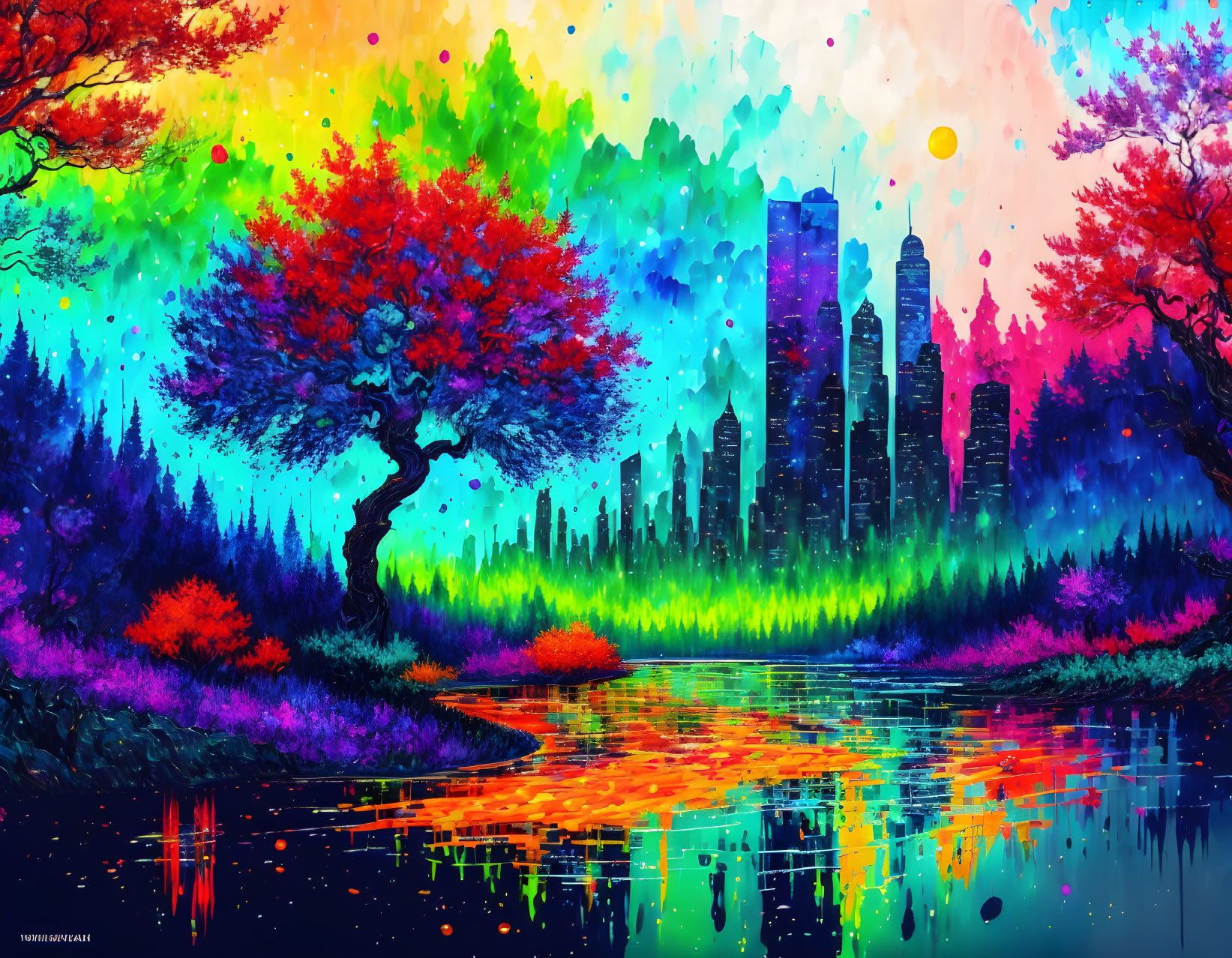 Colorful forest and river artwork with silhouetted skyscrapers