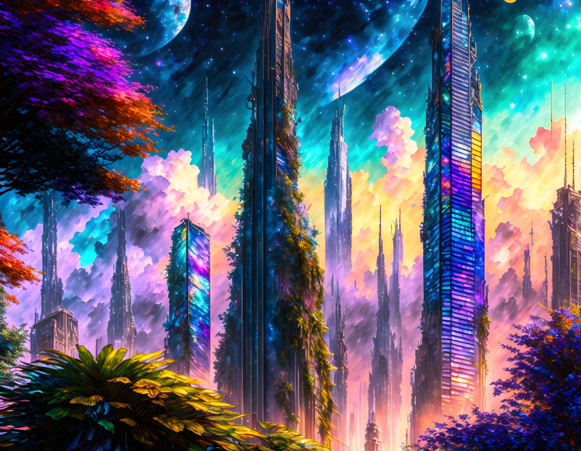 Futuristic cityscape blending with lush forest under starry sky