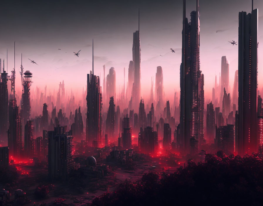 Dystopian cityscape at dusk: high-rise buildings, mist, red glow, flying craft.