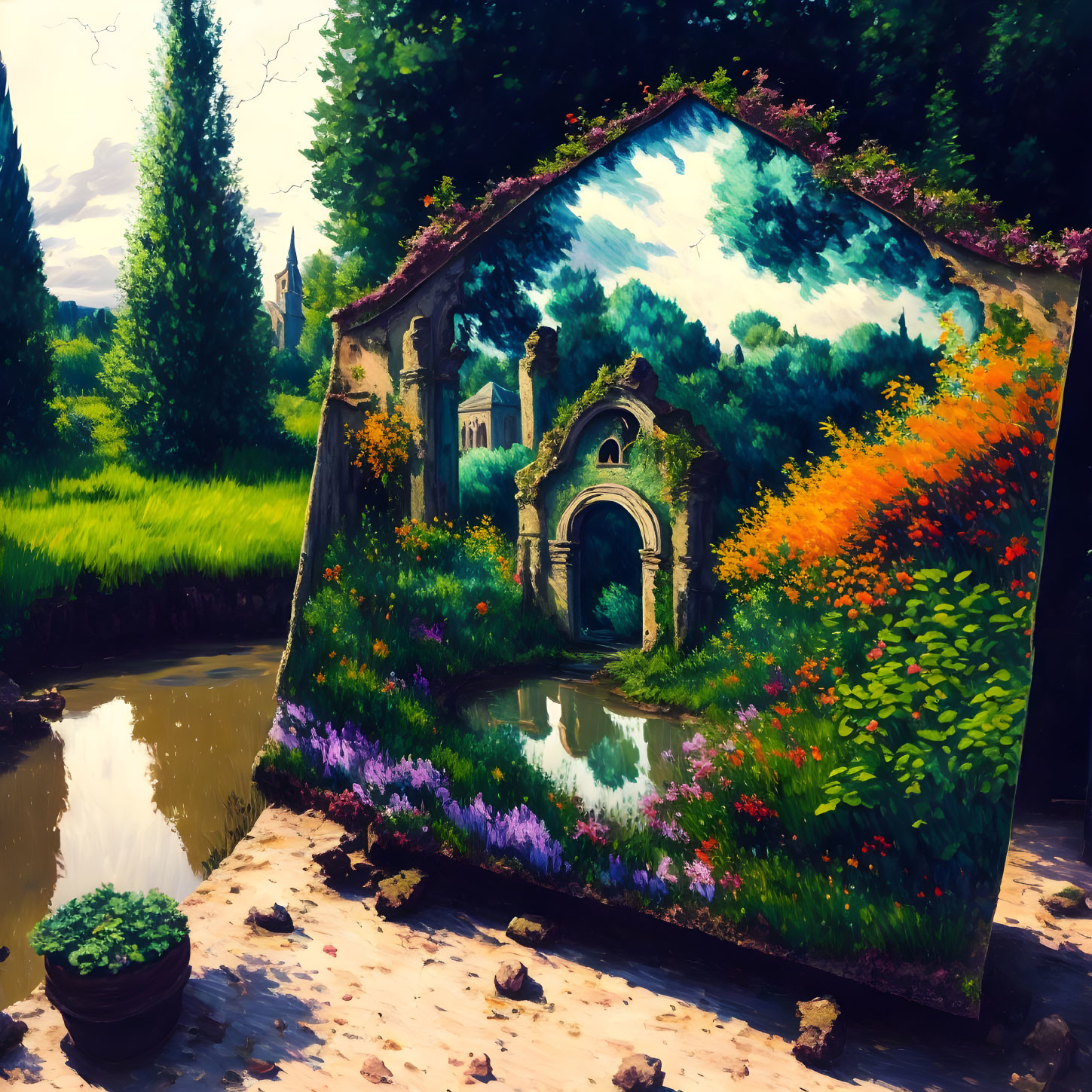 Colorful painting: Overgrown house, garden, pond, sunny sky