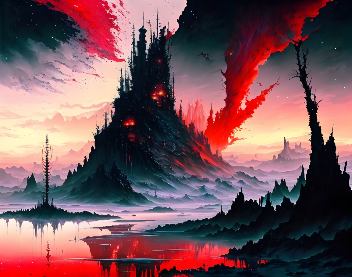 Fantastical landscape with black castle, crimson skies, blood-red lake.