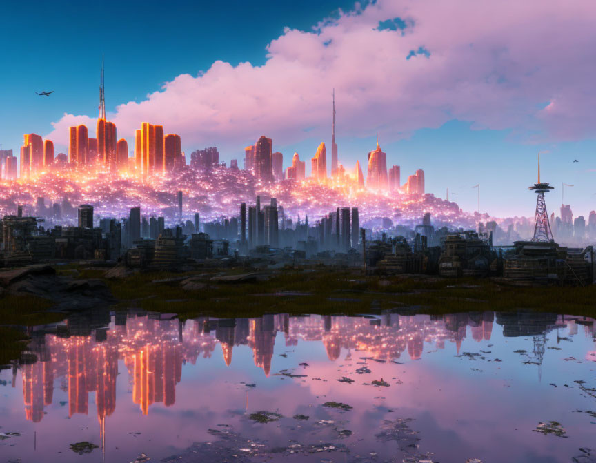 Futuristic city skyline at dawn with skyscrapers, water reflections, and flying vehicles