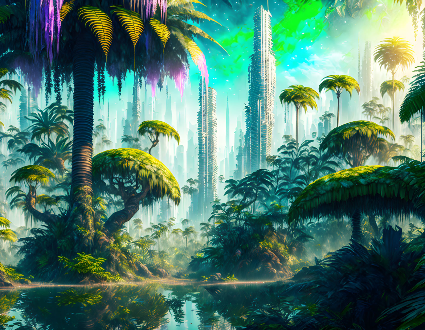 Vibrant futuristic jungle with neon colors and stylized skyscrapers