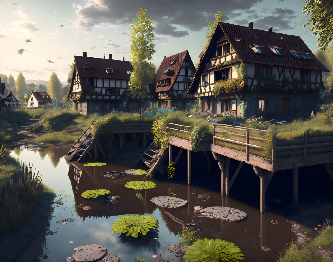 Medieval village with half-timbered houses, river, bridge, and greenery