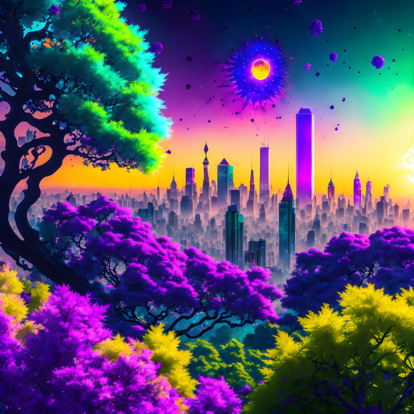 Surreal neon cityscape: vibrant dusk scene with purple foliage