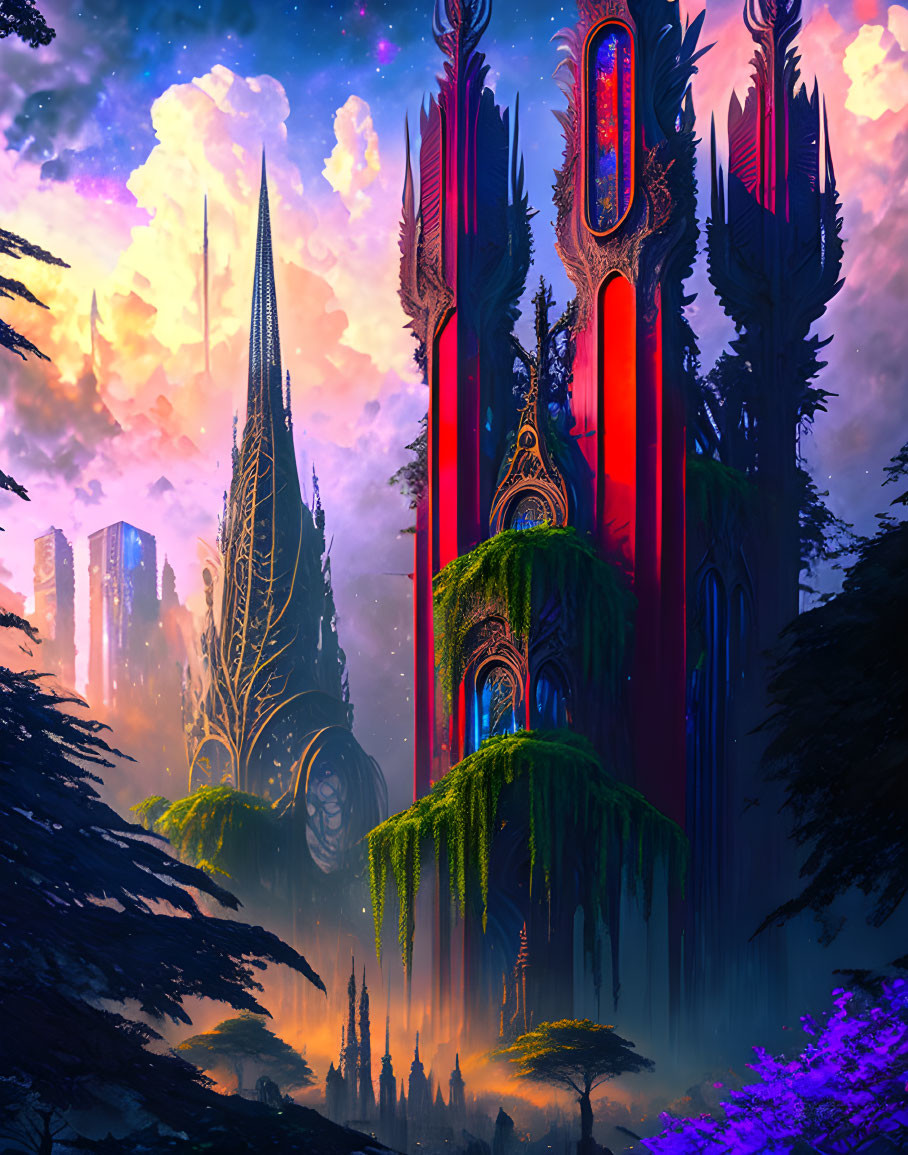 Fantasy landscape with ornate spires in rich foliage at dusk