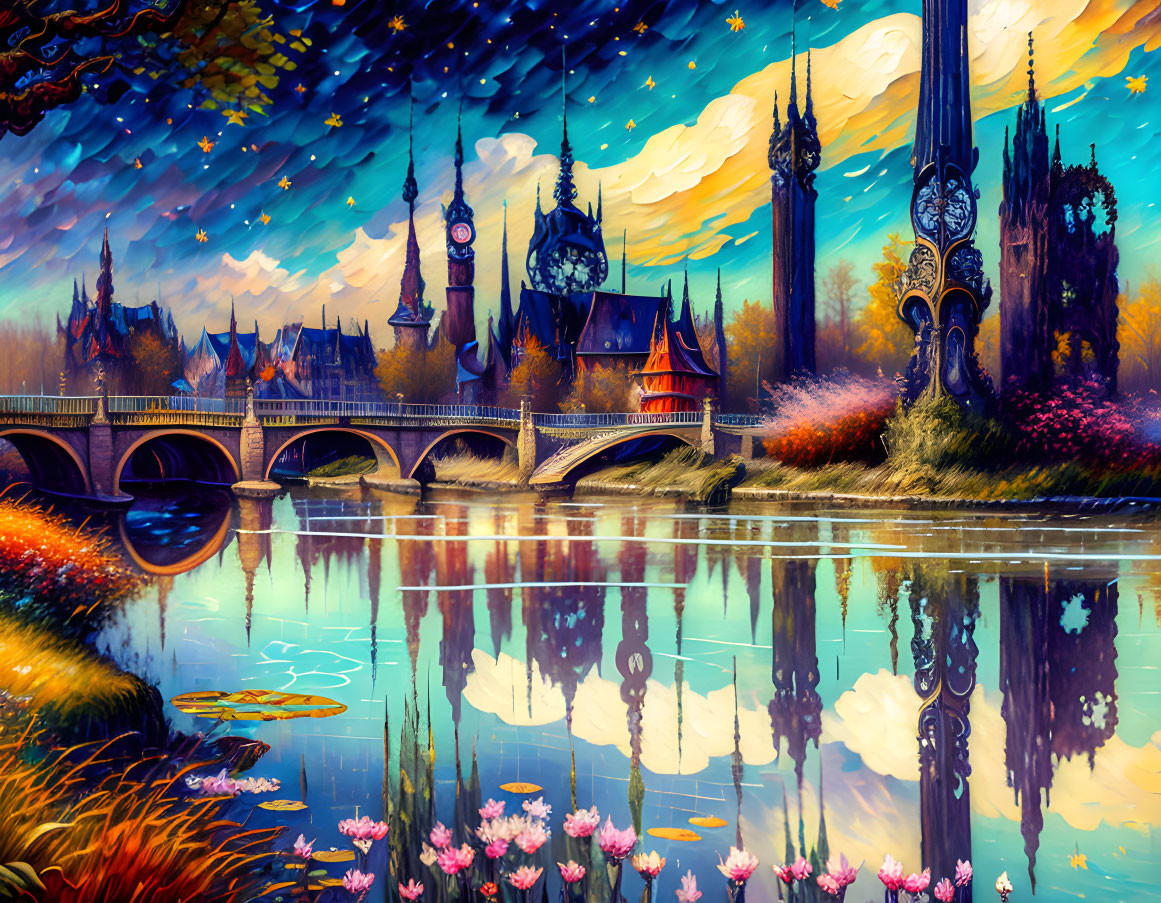 Colorful Fantasy Landscape with Ornate Bridge, Reflective River, and Starry Sky