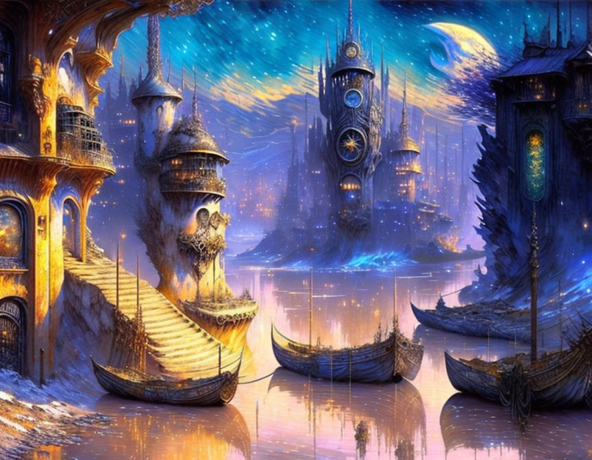 Fantastical cityscape with towering spires and floating structures