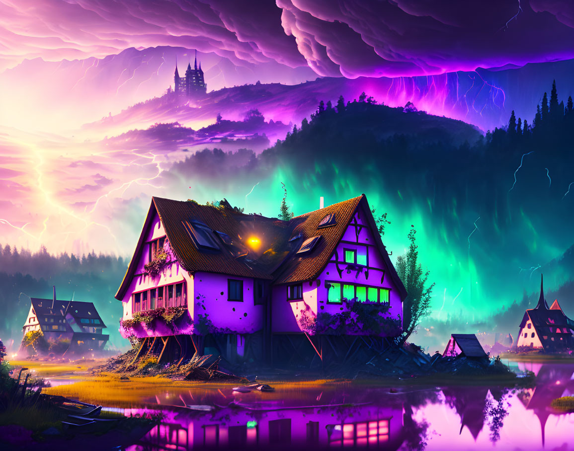 Whimsical village digital artwork: illuminated houses, stormy sky, purple lightning, tranquil lake