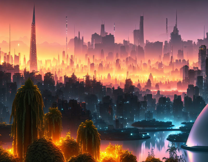 Futuristic cityscape at dawn: skyscrapers, glowing sky, water, greenery