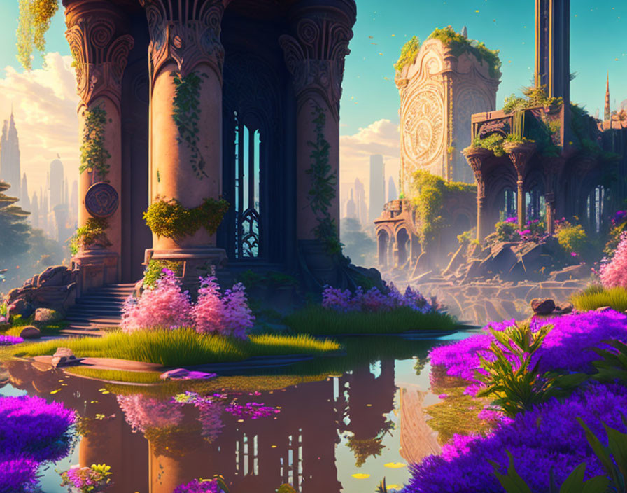 Fantasy landscape with ancient ruins, purple flora, reflective water & majestic arches