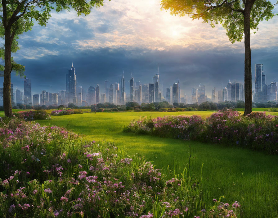 Tranquil city park with purple flowers, green grass, and cloudy skyline