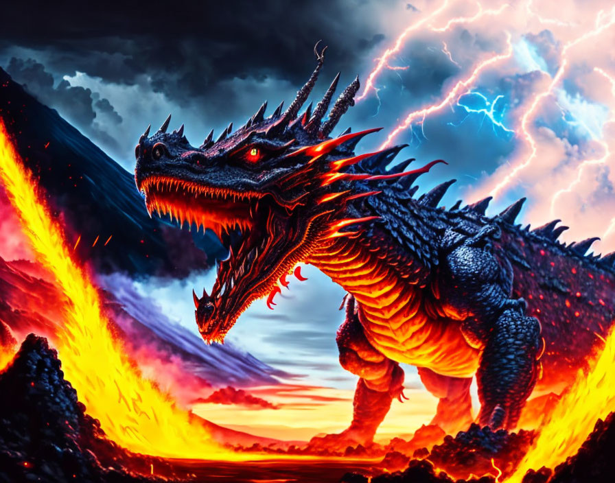 Dragon roaring in volcanic landscape with lightning in fiery sky