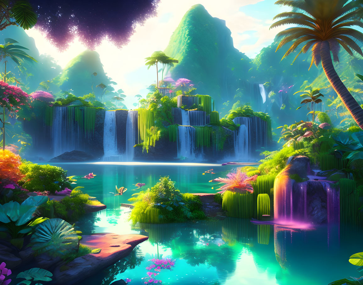 Tropical Paradise with Waterfalls, Lake, and Starry Sky