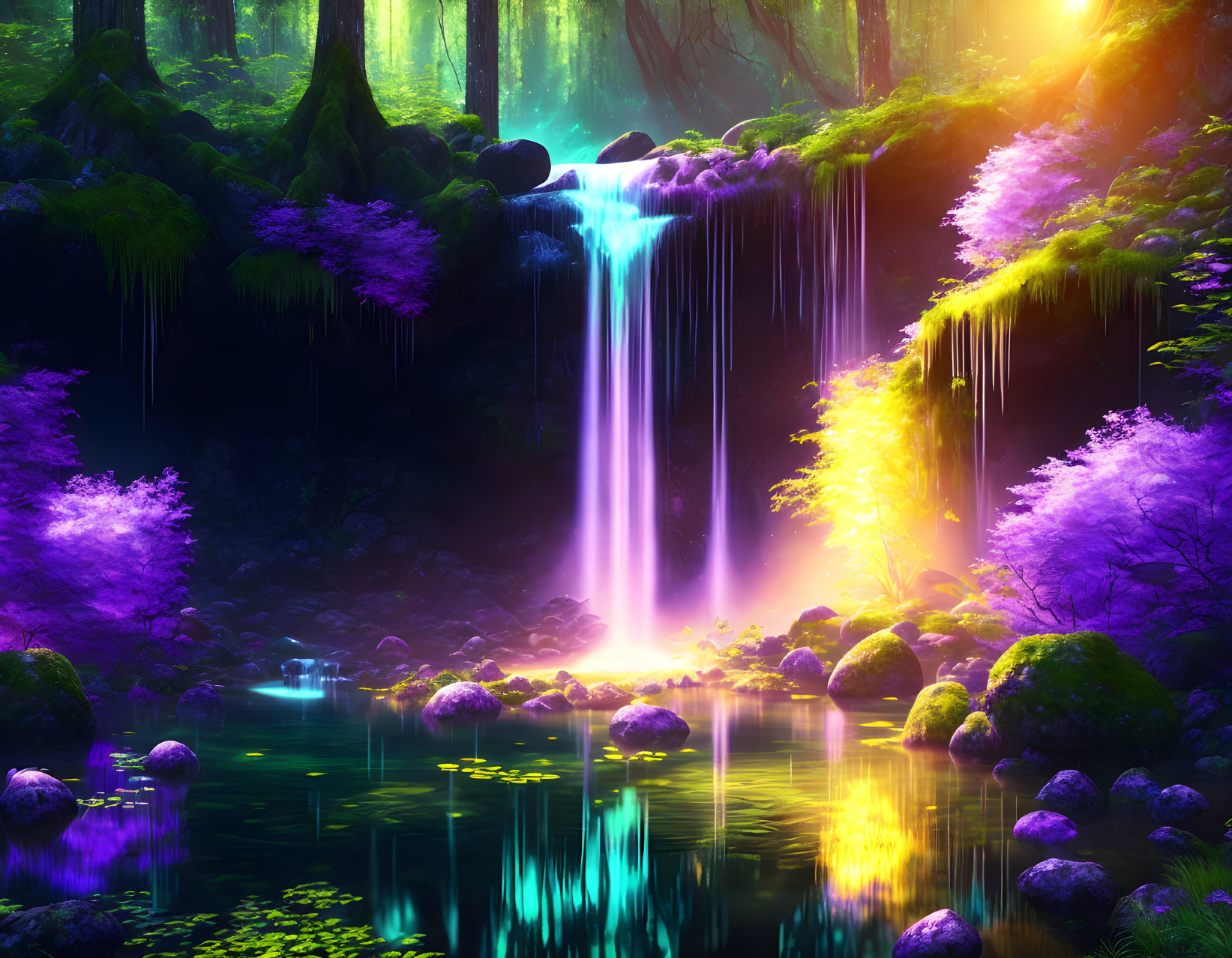 Vibrant fantasy forest with glowing waterfall and neon foliage