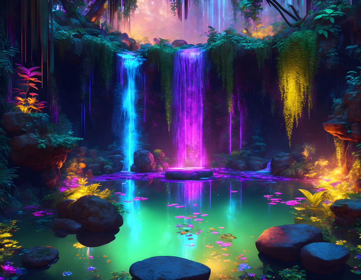 Fantasy landscape with purple waterfalls, green pond, ethereal lighting, lush foliage