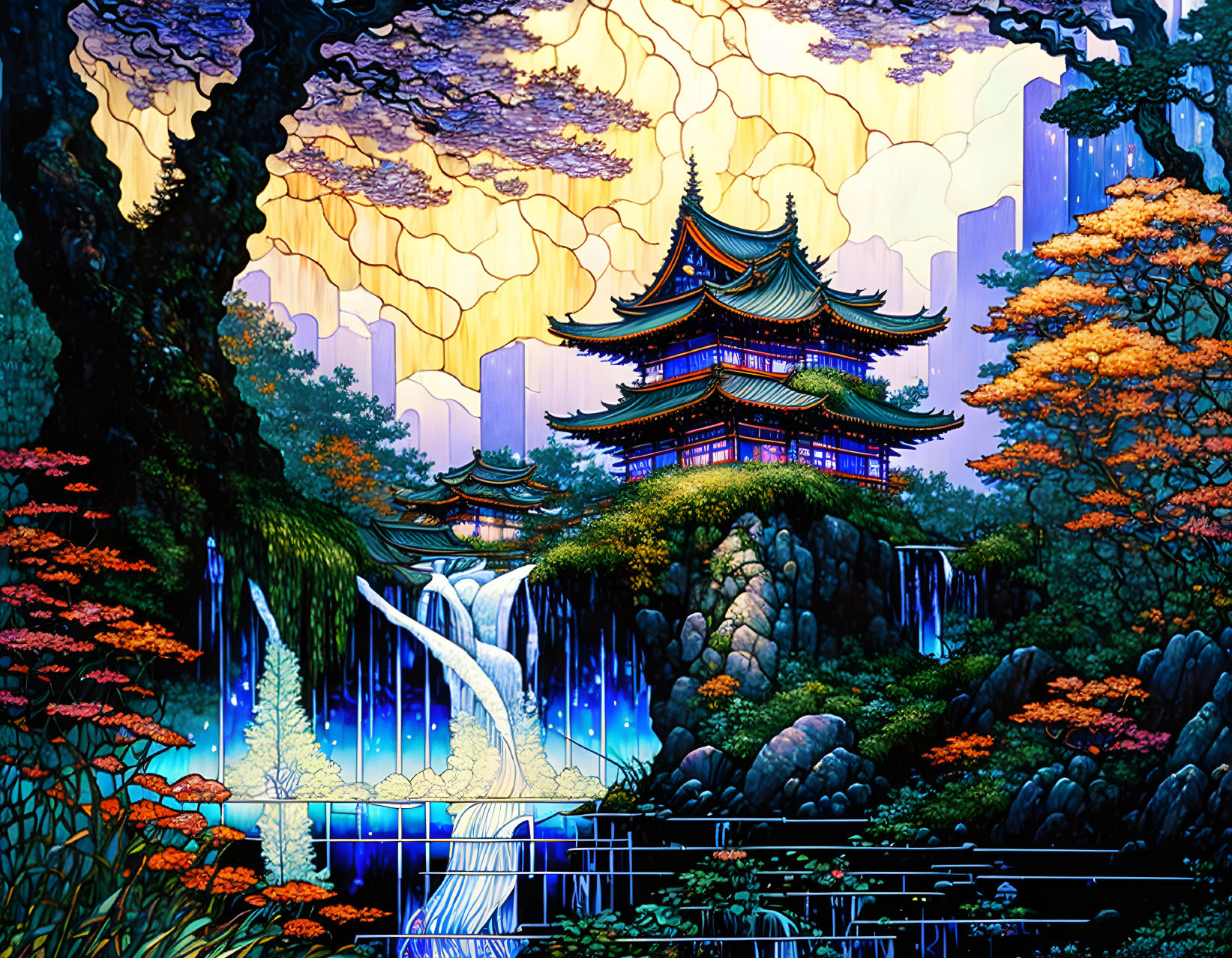 Digital art: Asian temple in autumn landscape with waterfalls