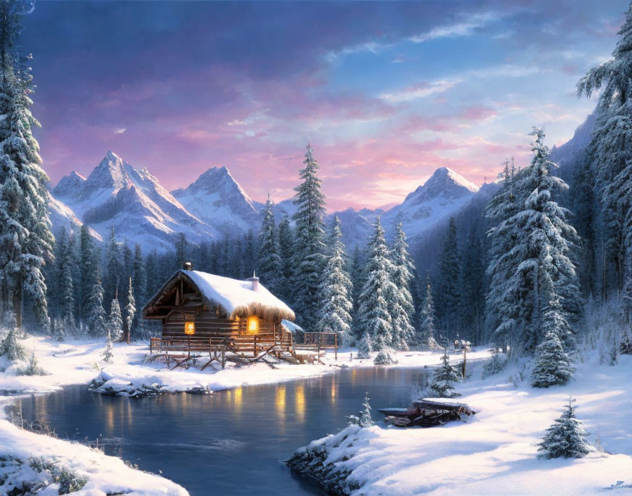 Tranquil winter landscape with log cabin, river, snow-covered trees & mountains